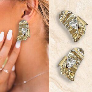 Crystal Bling Heart To Heart Abstract Gold Plated Statement Earrings NEW